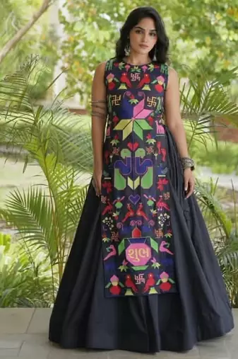Black Cotton Readymade Navratri Lehenga Choli with Embroidery & Thread Work