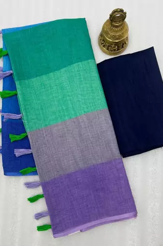 Multicolor linen stripes print printed saree