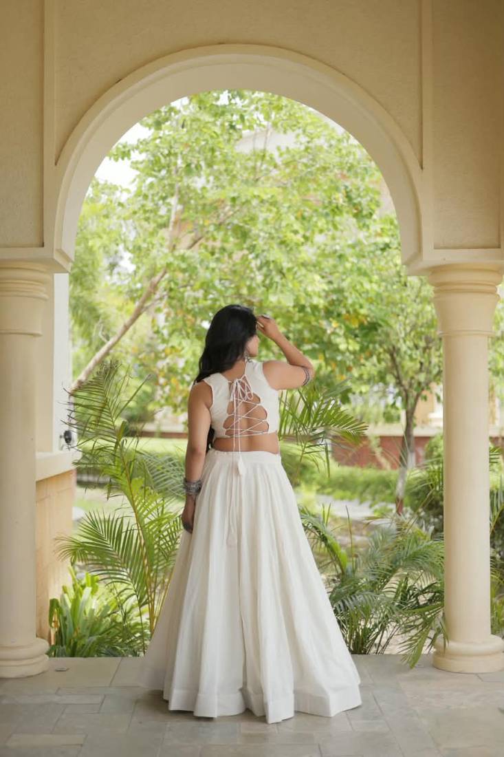 White Cotton Readymade Navratri Lehenga Choli with Embroidery & Thread Work