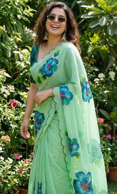 Light green georgette floral print embroidered saree 1