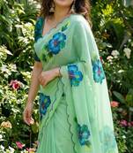 Light green georgette floral print embroidered saree