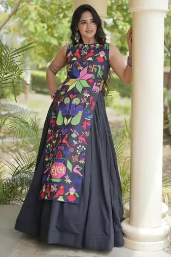 Black Cotton Readymade Navratri Lehenga Choli with Embroidery & Thread Work