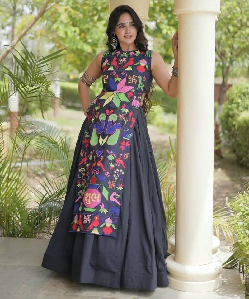 Black Cotton Readymade Navratri Lehenga Choli with Embroidery & Thread Work
