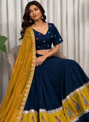Navy Silk Blend Readymade Navratri Lehenga Choli with Embroidery & Mirror Work 2