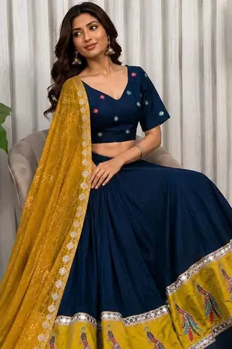 Navy Silk Blend Readymade Navratri Lehenga Choli with Embroidery & Mirror Work