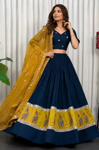 Navy Silk Blend Readymade Navratri Lehenga Choli with Embroidery & Mirror Work