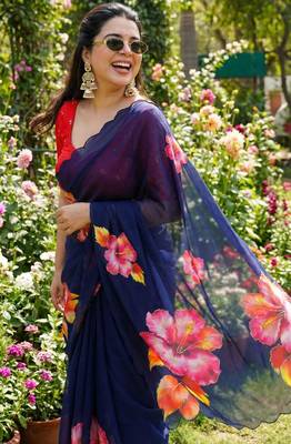 Navy blue georgette floral print embroidered saree 1