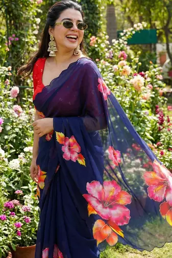 Navy blue georgette floral print embroidered saree