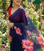 Navy blue georgette floral print embroidered saree