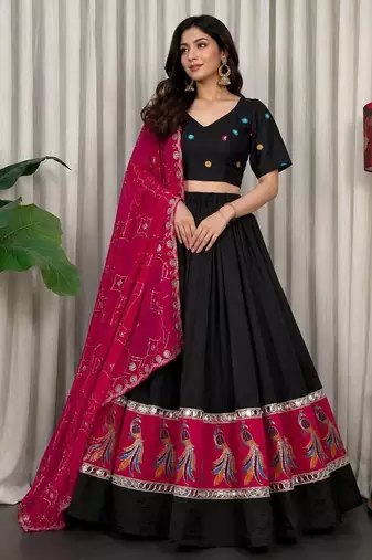 Black Silk Blend Readymade Navratri Lehenga Choli with Embroidery & Mirror Work