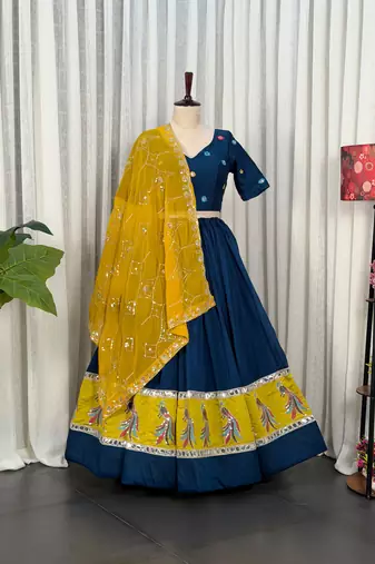 Navy Silk Blend Readymade Navratri Lehenga Choli with Embroidery & Mirror Work