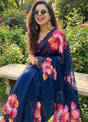 Navy blue georgette floral print embroidered saree 2