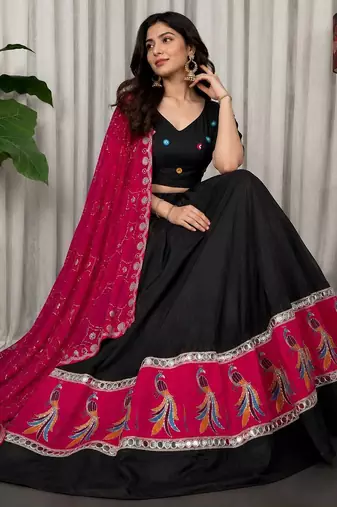 Black Silk Blend Readymade Navratri Lehenga Choli with Embroidery & Mirror Work