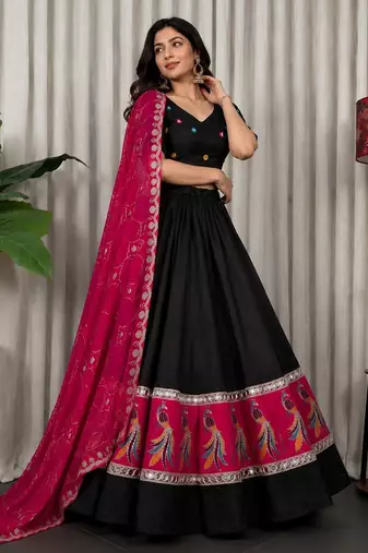 Black Silk Blend Readymade Navratri Lehenga Choli with Embroidery & Mirror Work