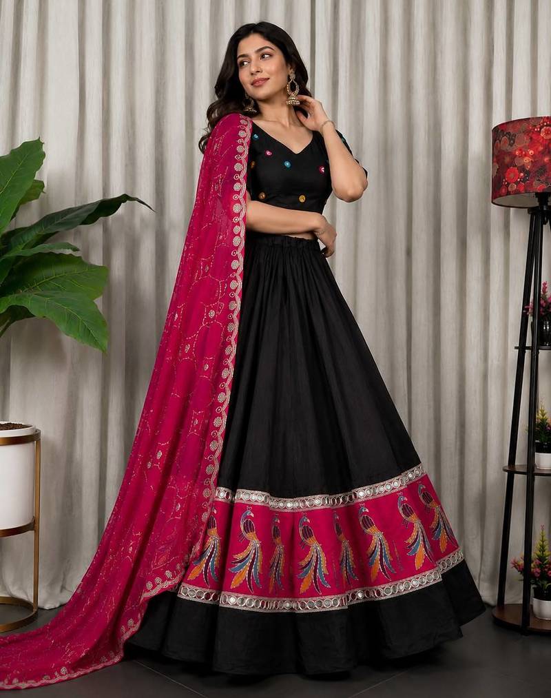 Black Silk Blend Readymade Navratri Lehenga Choli with Embroidery & Mirror Work