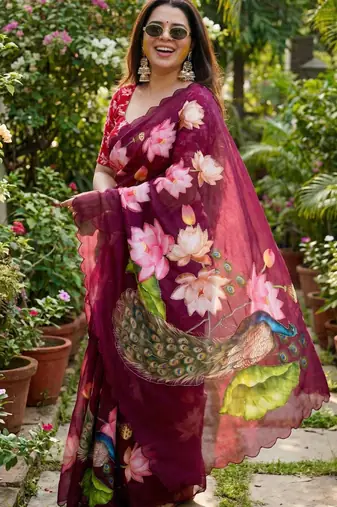 Wine georgette floral print embroidered saree