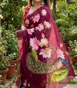 Wine georgette floral print embroidered saree