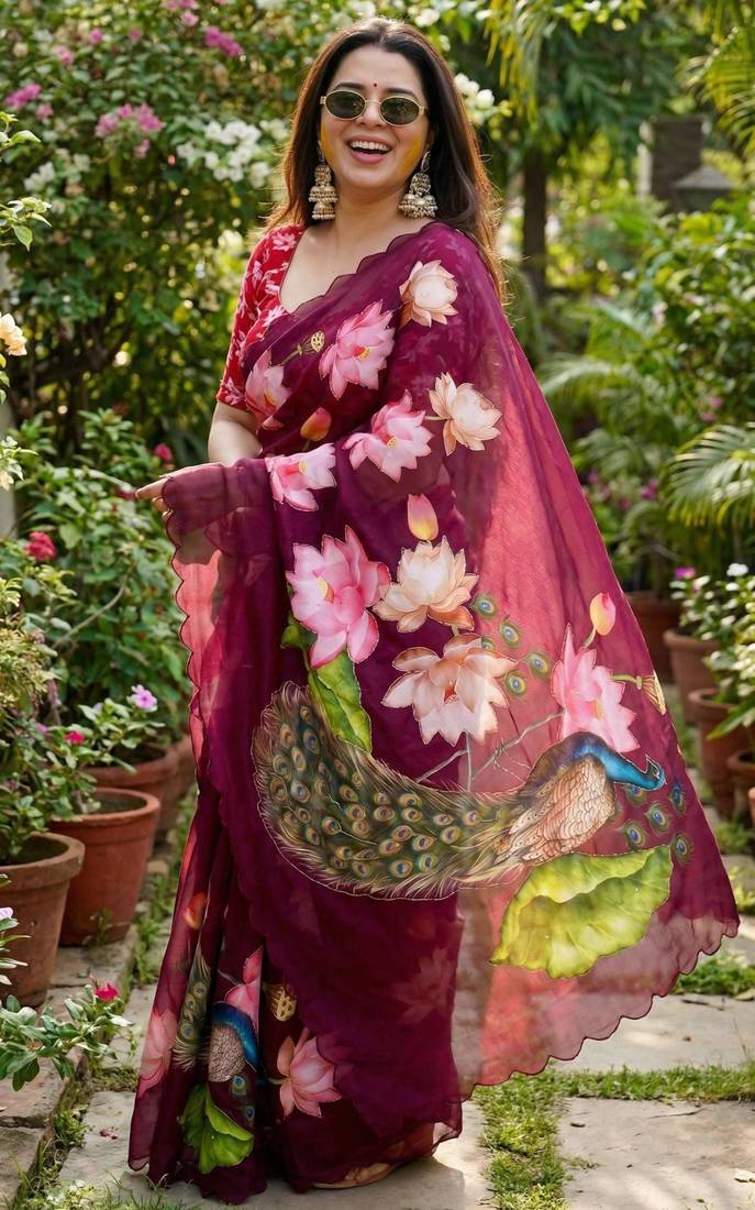 Wine georgette floral print embroidered saree