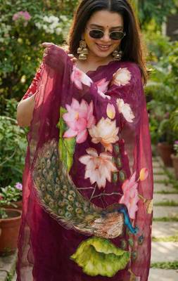 Wine georgette floral print embroidered saree 2