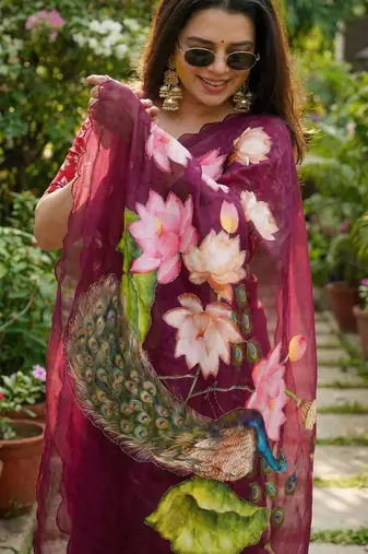 Wine georgette floral print embroidered saree