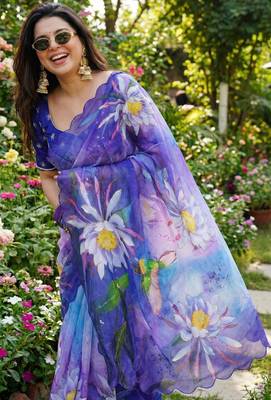 Purple georgette floral print embroidered saree 1