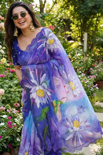 Purple georgette floral print embroidered saree