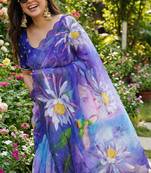 Purple georgette floral print embroidered saree