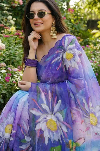 Purple georgette floral print embroidered saree