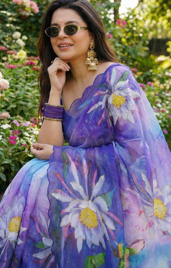 Purple georgette floral print embroidered saree