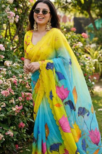 Multicolor georgette floral print embroidered saree
