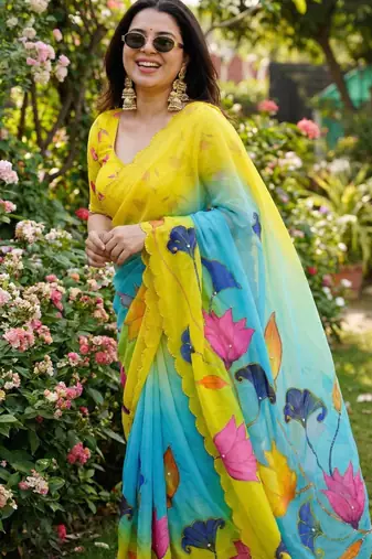 Multicolor georgette floral print embroidered saree
