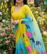 Multicolor georgette floral print embroidered saree