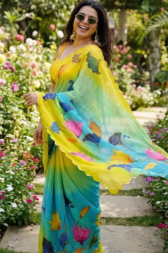 Multicolor georgette floral print embroidered saree