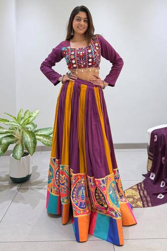 Wine Rayon Readymade Navratri Lehenga Choli with Embroidery & Mirror Work