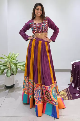 Wine Rayon Readymade Navratri Lehenga Choli with Embroidery & Mirror Work