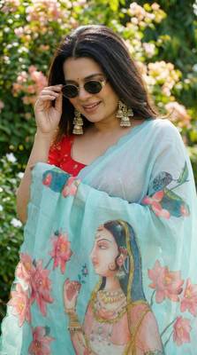 Light blue georgette floral print embroidered saree 1