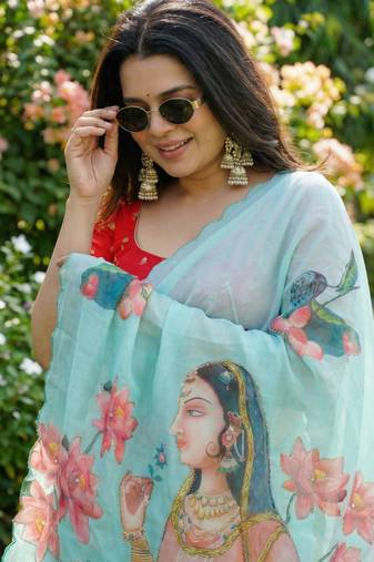 Light blue georgette floral print embroidered saree