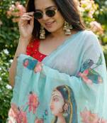 Light blue georgette floral print embroidered saree
