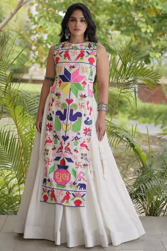 Magnetic White Cotton Navratri Wear Lehenga With Embroidered Blouse