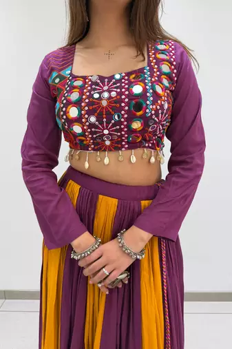Wine Rayon Readymade Navratri Lehenga Choli with Embroidery & Mirror Work