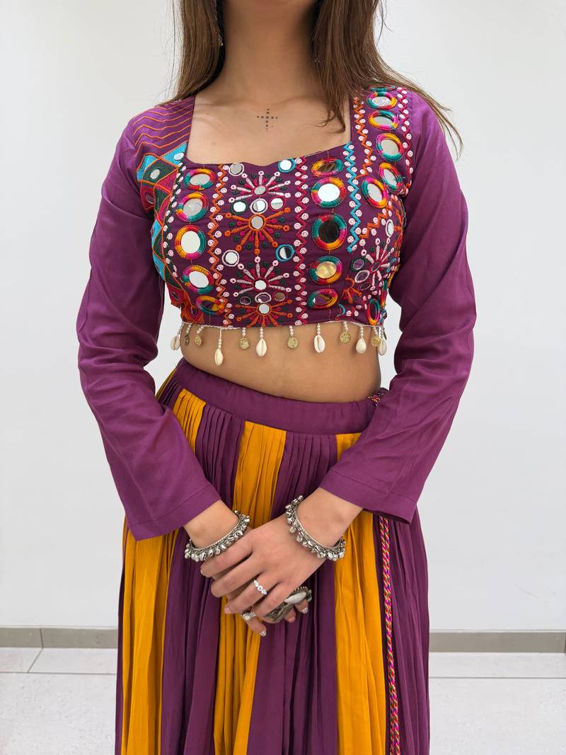 Wine Rayon Readymade Navratri Lehenga Choli with Embroidery & Mirror Work