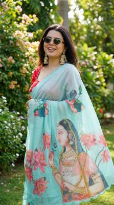 Light blue georgette floral print embroidered saree 2