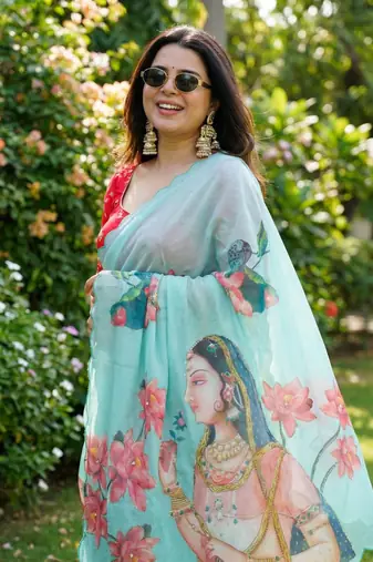 Light blue georgette floral print embroidered saree