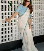 Cream linen floral print printed saree