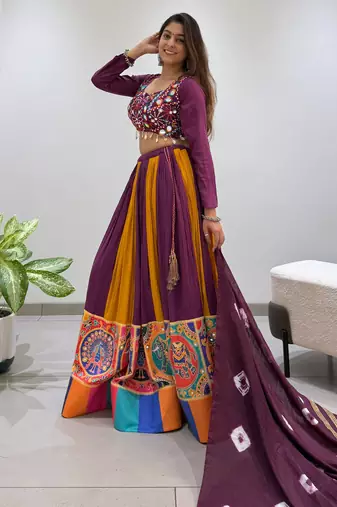 Wine Rayon Readymade Navratri Lehenga Choli with Embroidery & Mirror Work