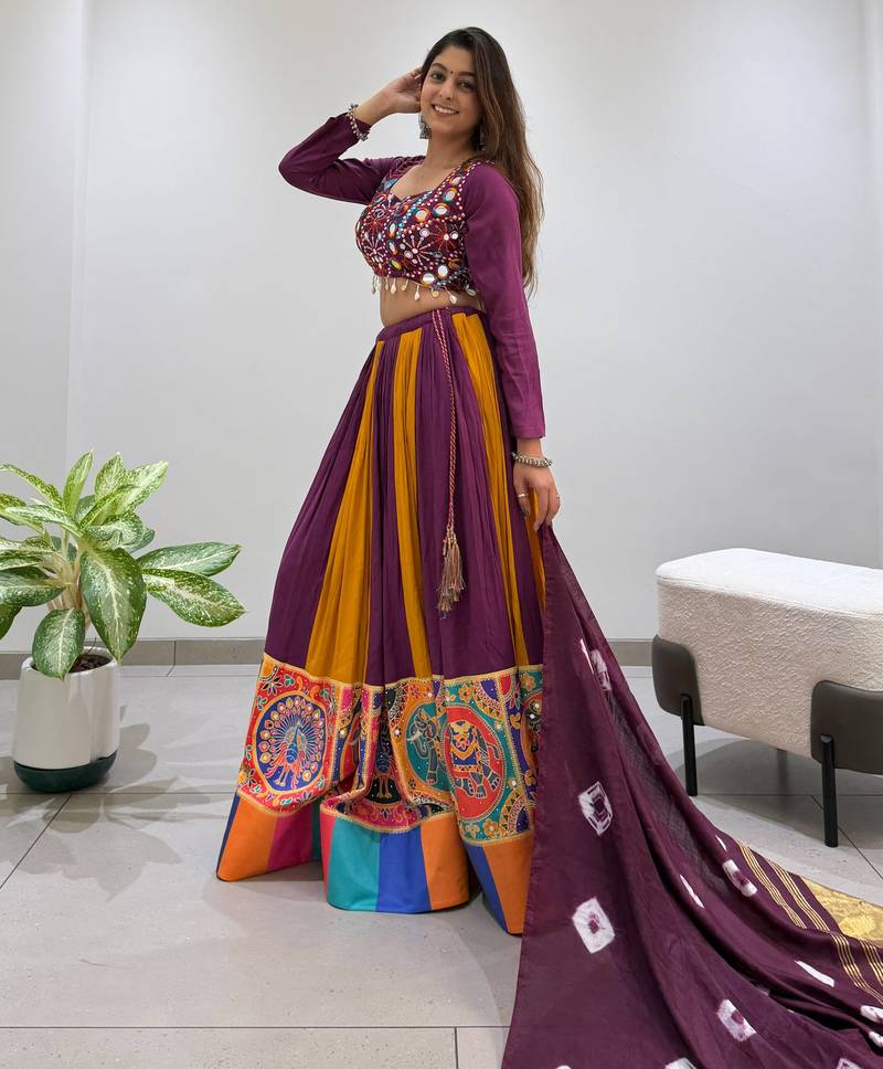 Wine Rayon Readymade Navratri Lehenga Choli with Embroidery & Mirror Work