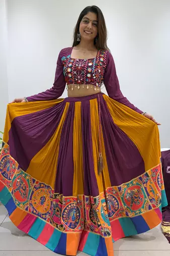 Wine Rayon Readymade Navratri Lehenga Choli with Embroidery & Mirror Work