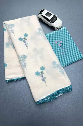 Cream linen floral print printed saree