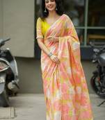 Peach linen floral print printed saree