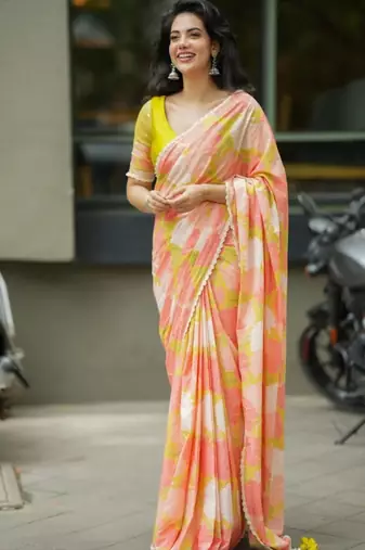 Peach linen floral print printed saree